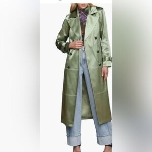 Avec Les Filles Satin Trench Coat in Olive Green